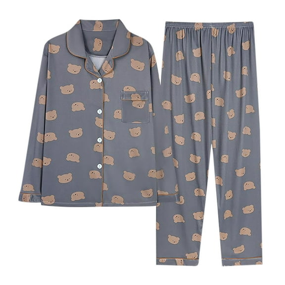 Hrsba Women's Sleepwear Set Long Sleeve Collared Cardigan Top Long Pants Print Button Detail