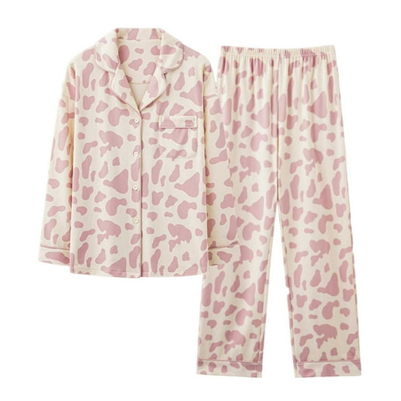 Hrsba Women's Sleepwear Set Long Sleeve Collared Cardigan Long Pants Print Pocket Button Style
