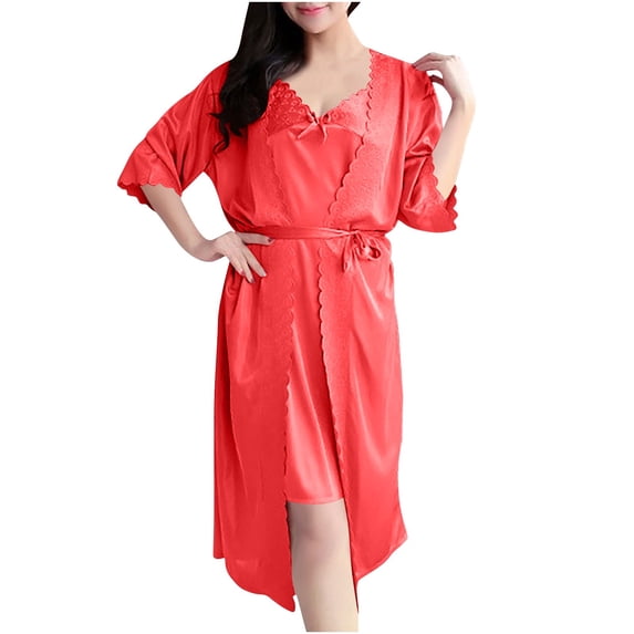Hrsba Women's Pajama Set Sleeveless Camisole with Sleep Dress Robe Lace for Home Wear