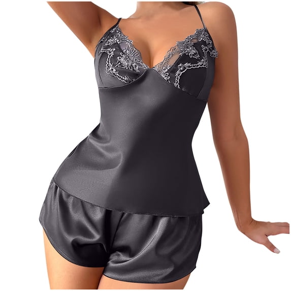 Hrsba Women's Pajama Set Satin Like Lace Panel Camisole Top Shorts 2-Piece Loungewear Sleepwear