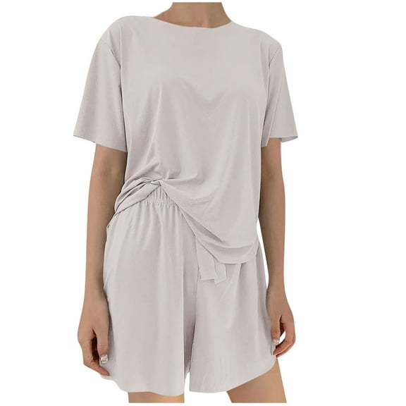 Hrsba Women's Pajama Set Short Sleeve Round Neck Top with Drawstring Elastic Waist Short Pants Solid Color