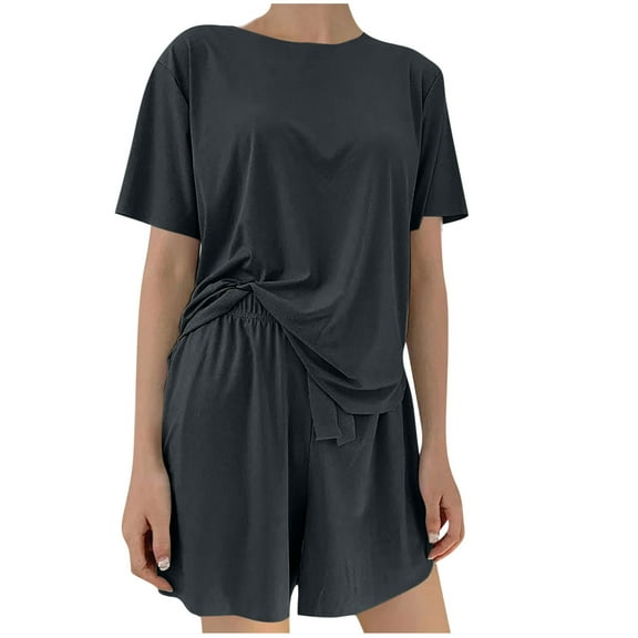 Hrsba pajamas Sets For Women,womens oajamas,Women's Pajama Sets Pajamas For Women Set pajamas Sets For Women Solid Color Short Sleeve Top With Drawstring Elastic Waist Shorts Two Piece Loungewear