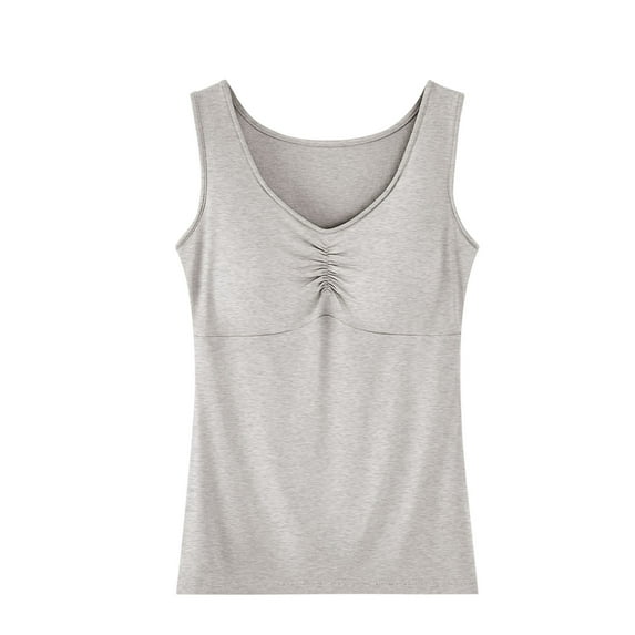 Hrsba Women's Sleep Shirt Sleeveless Round Neck Solid Color Fixed Cup Bra Pad Top for Home and Outer Wear