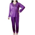 thumbnail image 1 of Hrsba Plus Size Women's Sleepwear Solid Color Lightweight Long Sleeve Satin Like V Neck 2-Piece Pajama Set, 1 of 5