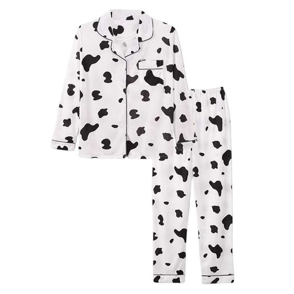 Hrsba Women's Pajama Set Long Sleeve Collared Cardigan with Long Pants Print Pocket and Button