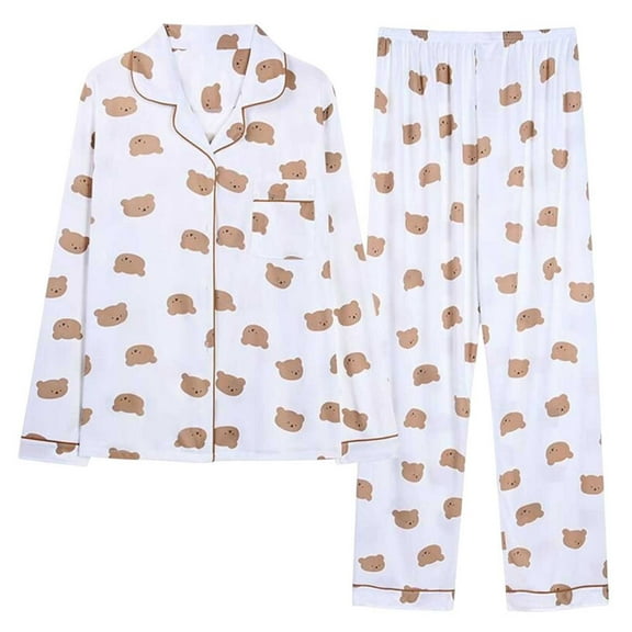 Hrsba Ladies Pajamas Long Sleeve Collared Cardigan with Long Pants Print Pocket and Button