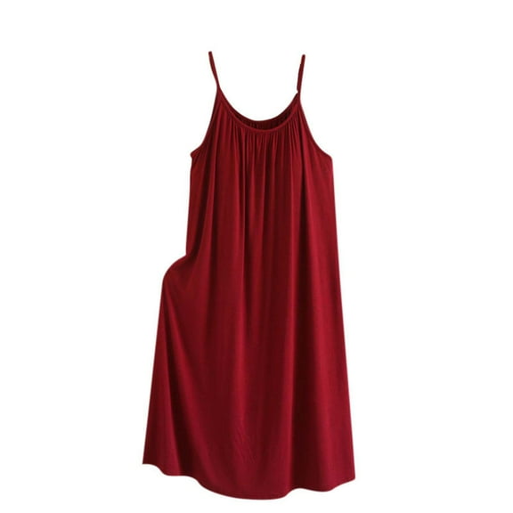Hrsba Women Nightgown Solid Color Spaghetti Strap Mid Length with Bra Pad Sleeveless Sleepwear Dress