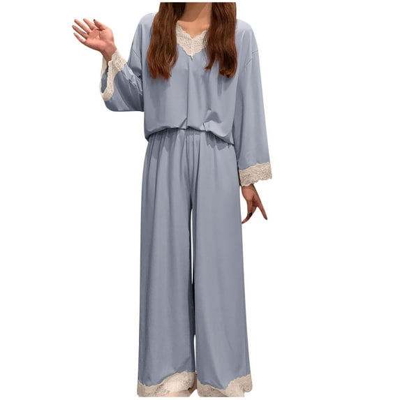 Hrsba Pajama Set for Women 2 Piece V Neck Long Sleeve Lace Top with Elastic Waist Pants Women's Sleep Pants