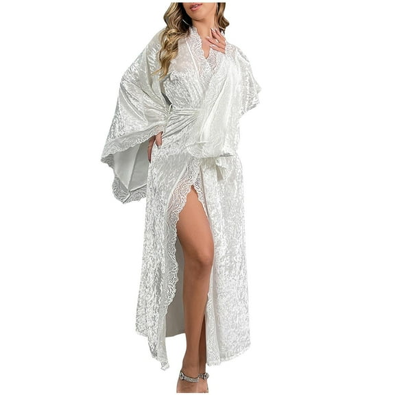 Hrsba Plus Size Women's Sleepwear Robe Long Sleeve Lace Panel Velvet Casual Bath Robe