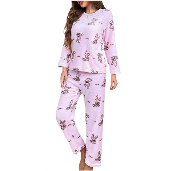 Hrsba Women's Pajama Set Long Sleeve Round Neck Top with Long Pants Flannel Print for Fall Winter
