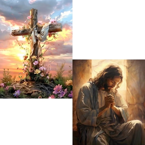HsdsBebe 2 Pack 5D Full Round Diamond Painting Kit, Jesus Easter DIY Diamond Art for Adults
