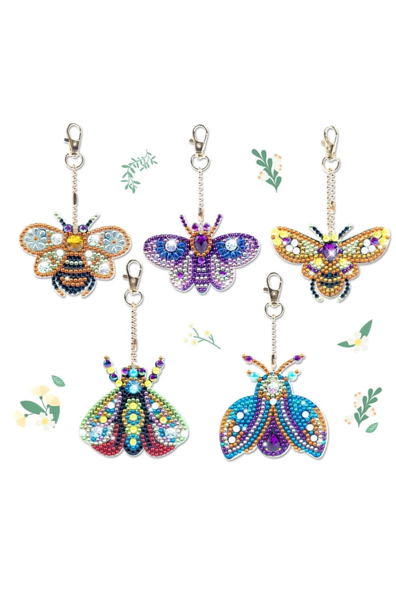 5 PCS Diamond Art Painting Keychains Kits for Adult Kids Insects Double Sided Key Bag Chains Diamond Art Craft DIY Animal Key Ring Paint with Diamonds Dots Pendant Gift Decor