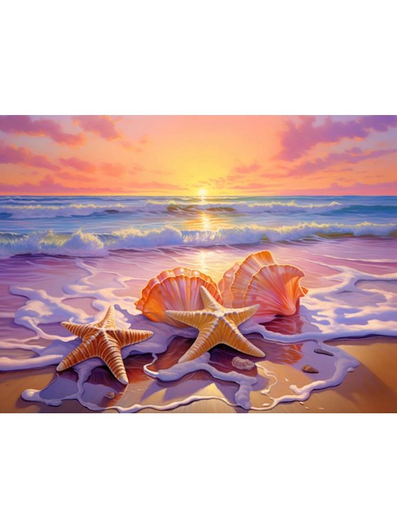 5D Diamond Art Painting Beach Art for Adult,Seaside Shell DIY Full Round 5D Diamond Drill Kit,Gem Art Craft Home Decor,Wall Painting Kit 16x12 inch