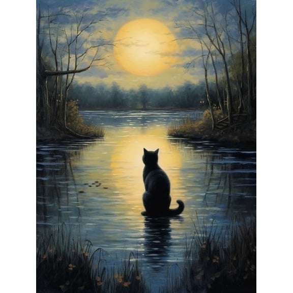 HsdsBebe Animals DIY Diamond Art Painting Kit, Moonlight Cat Art Craft Gem Painting Adult and Children DIY Full Round 5D Diamond Drill Kit.