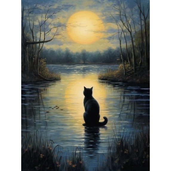 HsdsBebe Animals DIY Diamond Art Painting Kit, Moonlight Cat Art Craft Gem Painting Adult and Children DIY Full Round 5D Diamond Drill Kit.