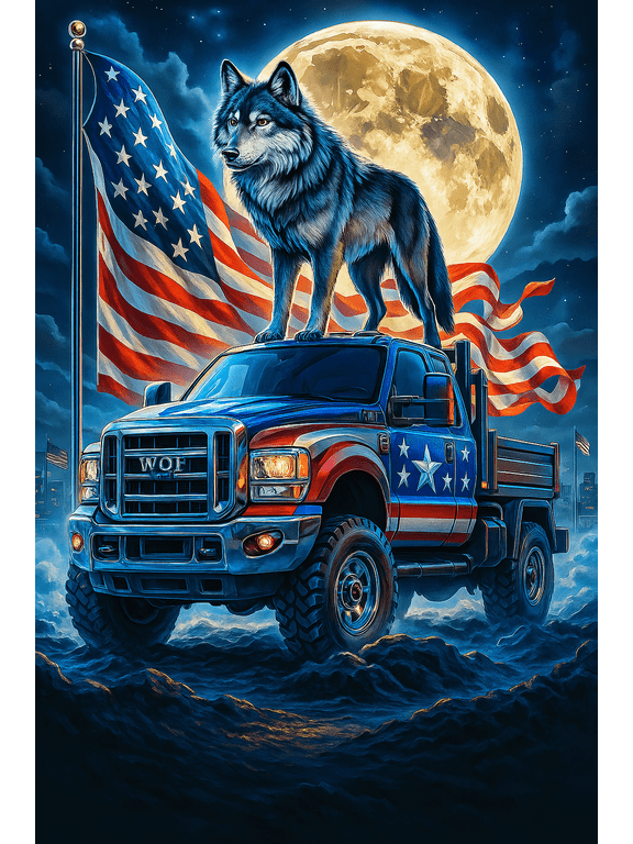 Independence Day Wolf on American Truck 5D DIY Diamond Art Painting Kit, Full Round Gem Art Craft for Adults & Kids