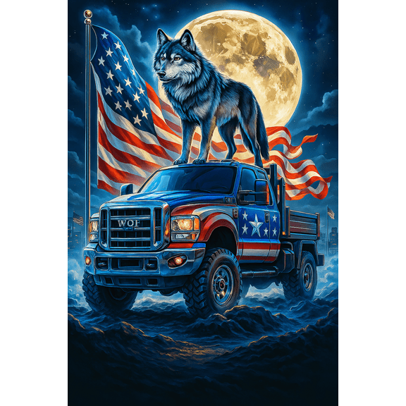 HsdsBebe Independence Day Wolf on American Truck 5D DIY Diamond Art Painting Kit, Full Round Gem Art Craft for Adults & Kids