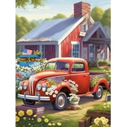 HsdsBebe Vintage Red Truck 5D DIY Diamond Art Painting Kit, Independence Day Farm House Gem Art Craft for Adults&Kids