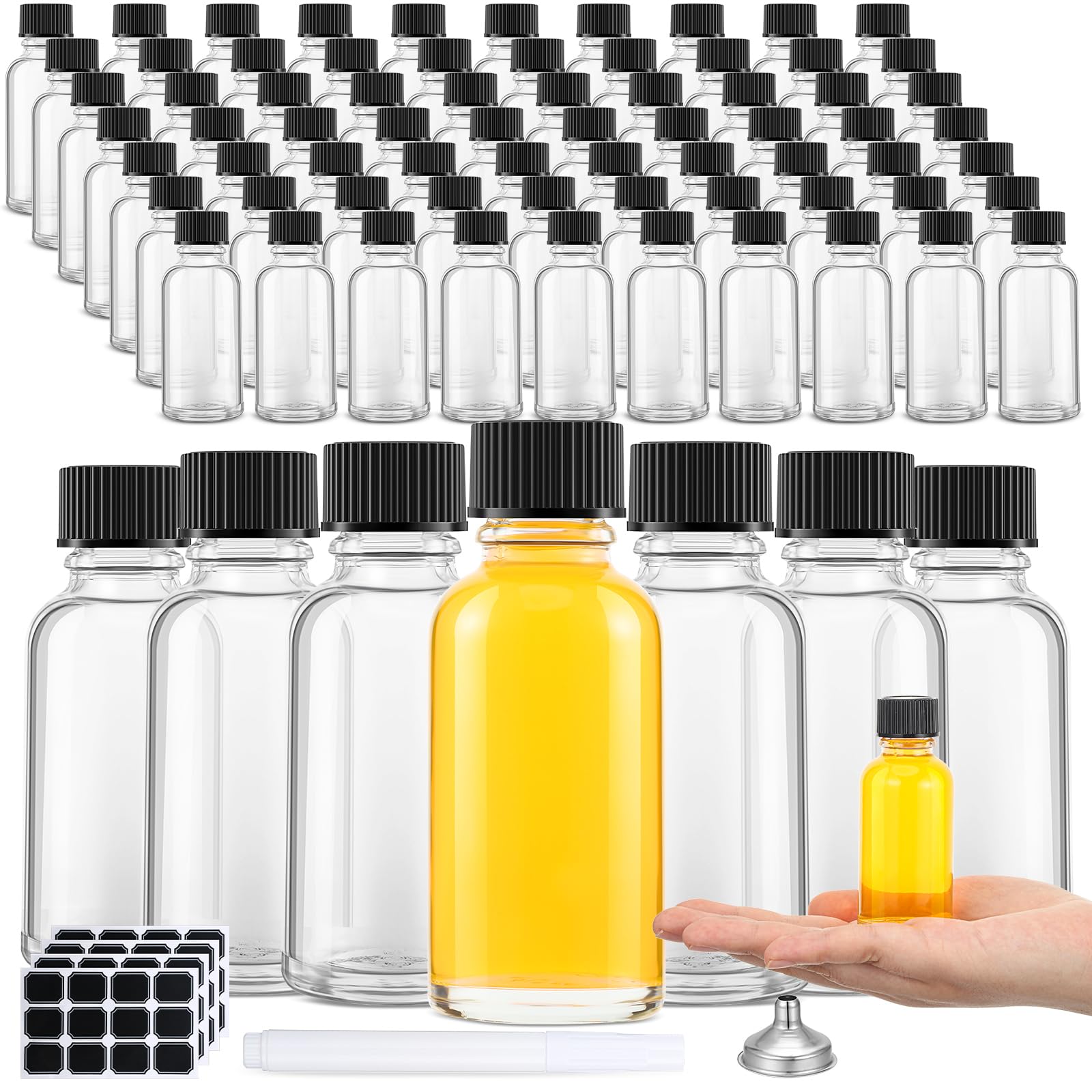 Hsei 1 oz Glass Bottle with Black Cap Clear Sample Boston Round Bottle ...