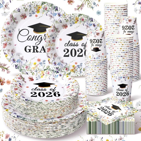 Hsei 250 Pcs Wildflower Graduation Disposable Plates and Floral Congrats Grad Disposable Tableware Set for 50 Guests Wildflower Paper Plates Cups for Girls Nurses Graduation Party Y101