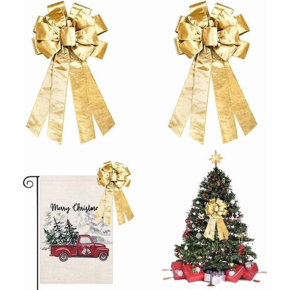 Hsomely 2 Pcs Large Christmas Bows, Gold Velvet Wreath Bows for Indoor Outdoor Xmas Tree Decor
