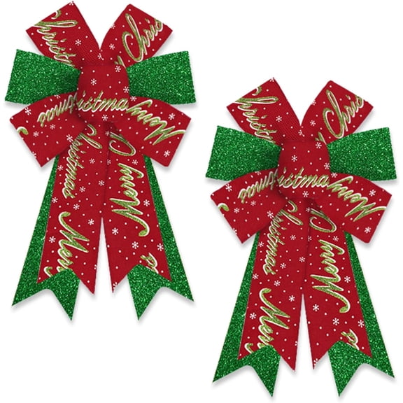 Hsomely 2 Pack Christmas Wreath Bows, Glitter Green Red Words Ribbon Bows for Xmas Tree Topper New Year Party Indoor Outdoor Decor