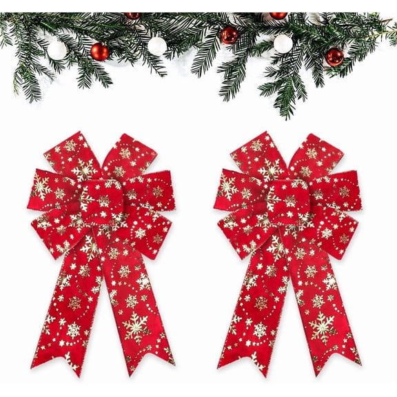 Hsomely 2-Pack Christmas Wreath Bows, Red Gold Glitter Snowflake Bows for Front Door Tree Topper, Indoor Outdoor Winter New Year Decor