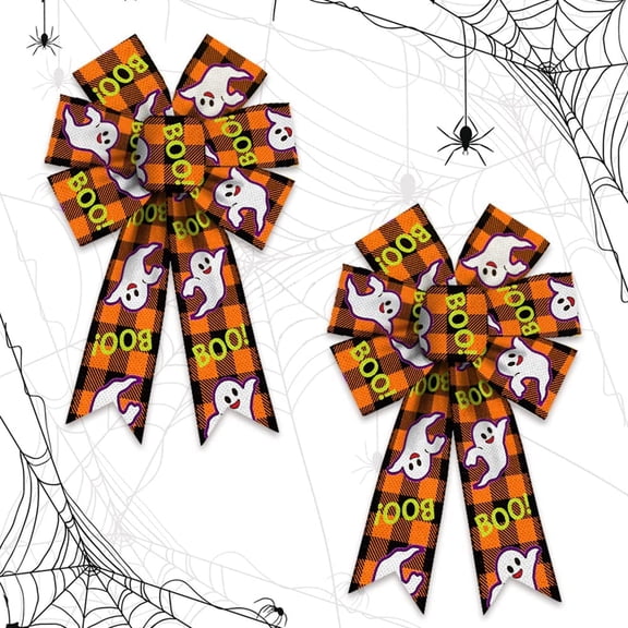 Hsomely 2 Pcs Halloween Wreath Bow, Ghost BOO Buffalo Plaid Burlap Orange Black White, 9.1 x 7.9 Inch, Front Door Tree Decor
