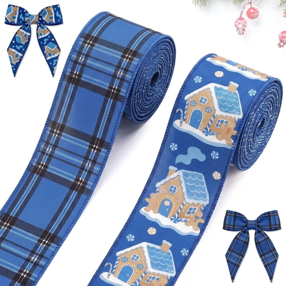 Hsomely 2 Rolls 2.5" 10 Yards Christmas Blue Buffalo Plaid Wired Edge Ribbons