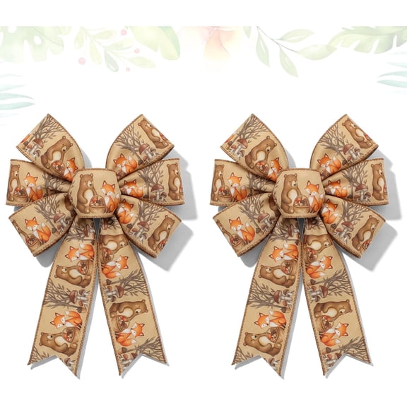 Hsomely 2 pack Baby Woodland Animal Wreath Bows, Bear Fox Forest Print Burlap Bow for Baby Shower Wreath Indoor Outdoor Ornament