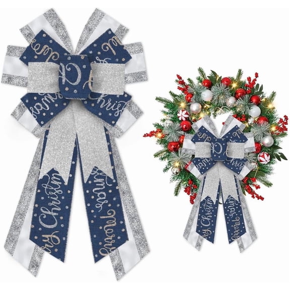 Hsomely Large Christmas Wreath Bows, Silver Glitter Winter Dot Bows, Blue Burlap Tree Topper Bows for Front Door Indoor Outdoor Xmas Decor
