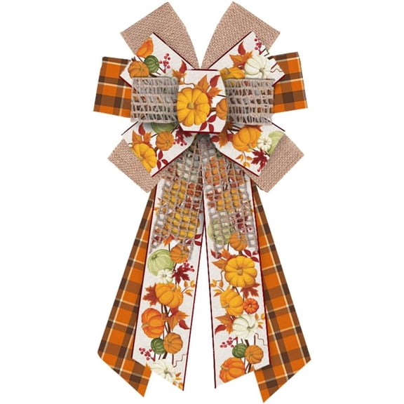 Hsomely Large Fall Wreath Bows, Brown Pumpkin Buffalo Plaid Burlap Bows for Thanksgiving Front Door Indoor Outdoor Tree Topper Decor