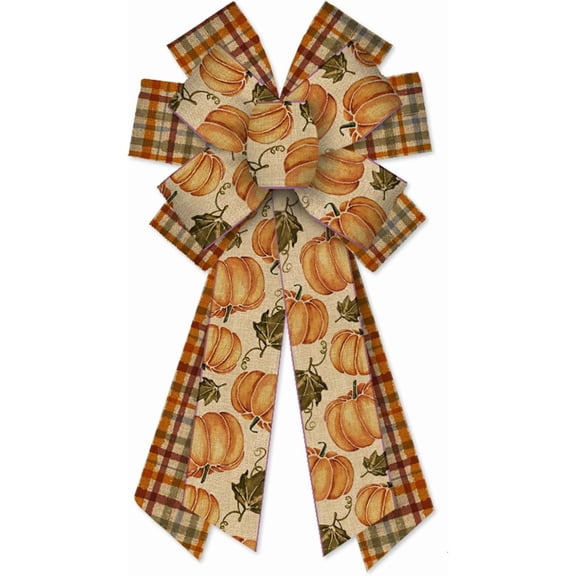 Hsomely Large Fall Wreath Bow, Thanksgiving Vintage Pumpkin Plaid Burlap Decor, Orange Brown Harvest Bow for Indoor Outdoor Home Decor