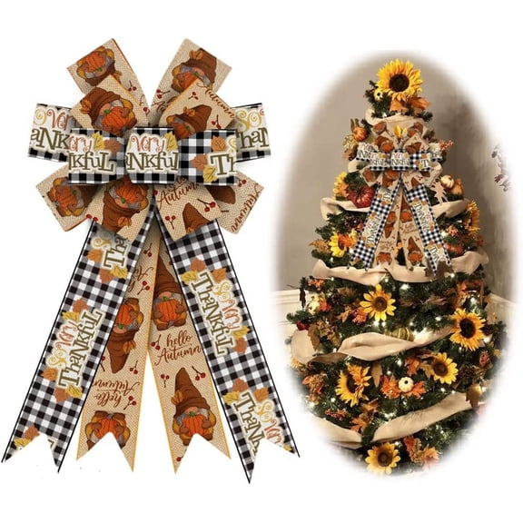 **Hsomely Large Thanksgiving Wreath Bow, Black White Buffalo Plaid Gnomes Maple Leaf Pumpkin Decor, Farmhouse Tree Topper for Front Door Indoor Outdoor Decor**