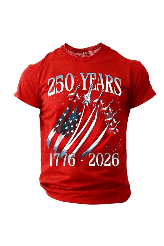 250 Anniversary USA Shirt Men 250th America Birthday Crewneck Pullover Short Sleeve T Shirt 1776-2026 Crew Neck Tee Red L