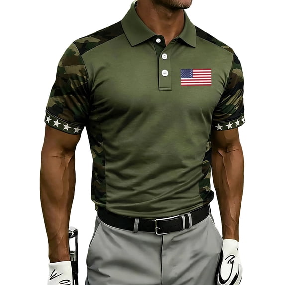 Hsovts 4Th of July Shirts for Men American Flag Polo Shirt Patriotic Golf Short Sleeve Polo T-Shirts Army Green L