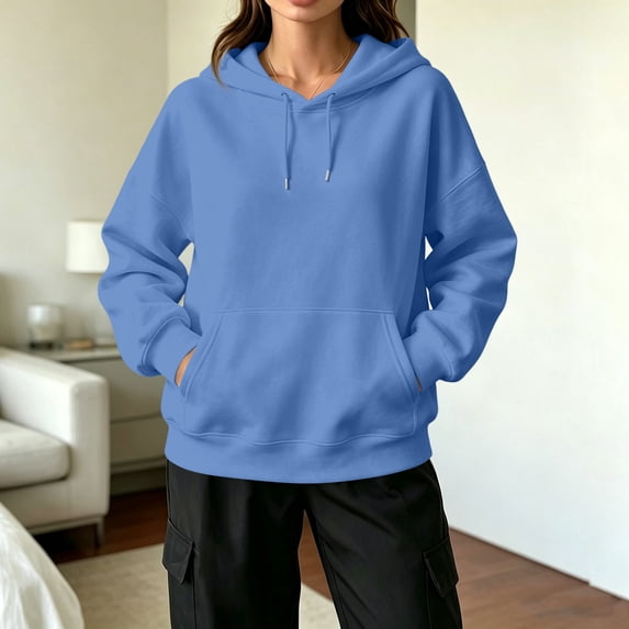 Hsovts Blue Women's Fashion Hoodies & Sweatshirts Long Sleeve Crewneck Sweatshirt Essentials Oversized Fleece Hoodie with Pocket Heavyweight Hoodies Pullover L