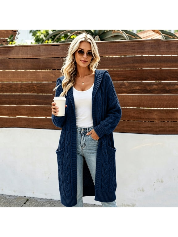 Cable Knit Cardigan Sweaters for Women Hooded Oversized Warm Coats Side Pocket Chunky Cardigan Outwear 2026 Fall Fashion Daily & Office Long Cardigans for Women Dark Blue XL
