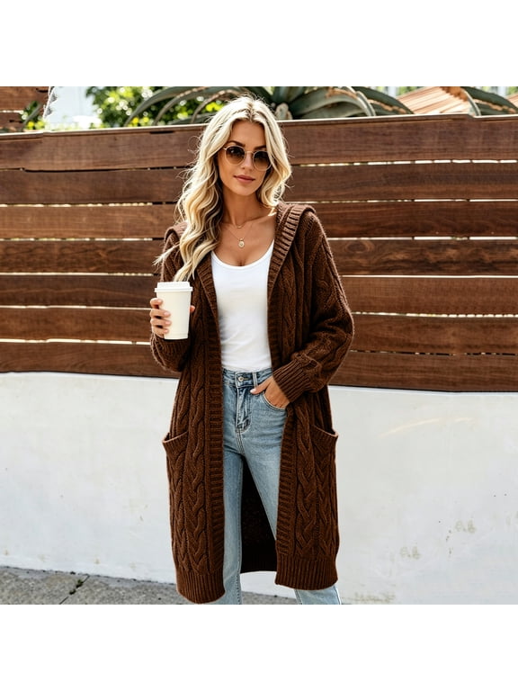 Cable Knit Cardigan Sweaters for Women Hooded Oversized Warm Coats Trendy Fall Winter Twisted Knit Outfits Chunky Long Sleeve Outerwear with Pockets Cardigan Sweaters for Women Brown 2xL