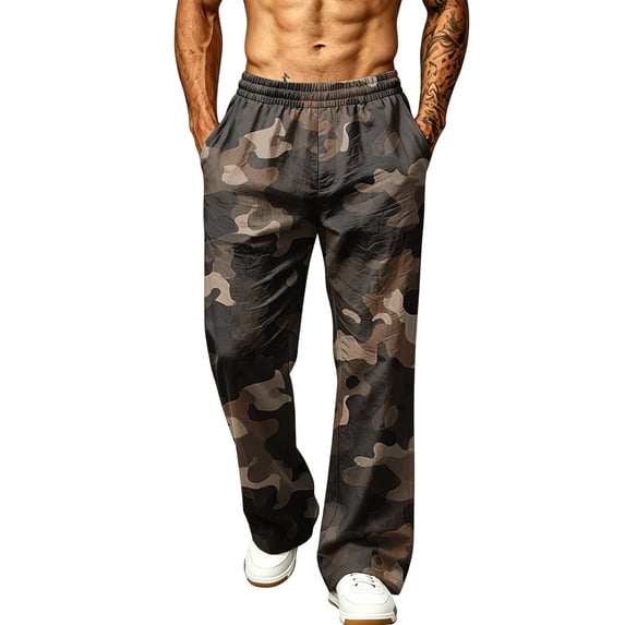 Hsovts Camo Sweatpants Men Fashion Loose Elastic Waist Straight Leg Running Casual Sweatpants Workout Pant with Pockets Coffee L