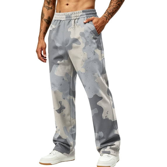 Hsovts Camo Sweatpants for Men Lounge Loose Elastic Waist Straight Leg Workout Fashion Sweatpants Running Pants with Pockets Gray L