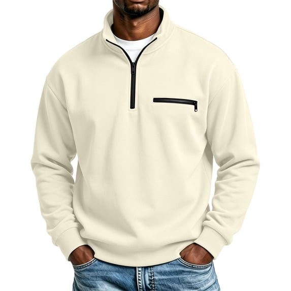 Hsovts Casual Men Quarter Zip Stand Collar Fleece Pullover Sweatshirt Sweatshirts Long Sleeve Zipper Pocket Leisure Sweatshirt Beige XL