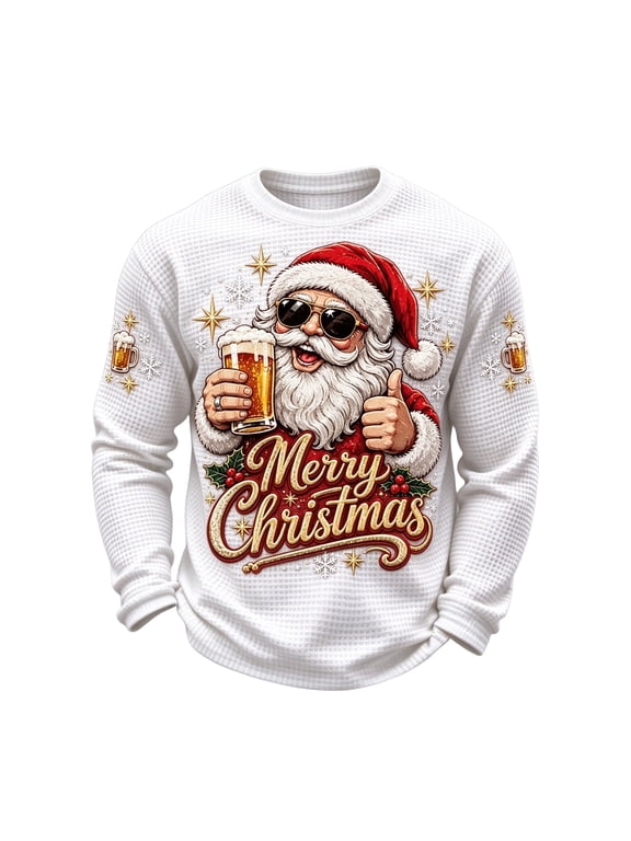 Christmas Sweatshirts for Men Vintage Santa Sweatshirt Plus Size Retro Graphic Tops Waffle Knit Crew Neck Long Sleeve Shirt Christmas Gift for Men White L
