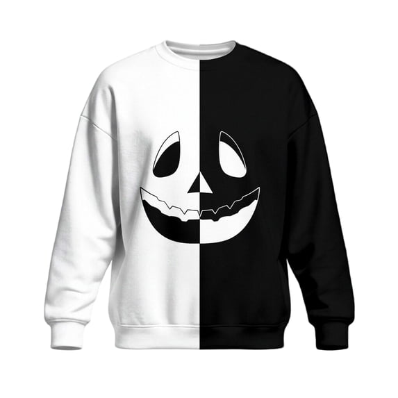 Hsovts Crew Neck Long Sleeve Pullover Sweatshirt Men, Halloween Spooky Pumpkin Face Color Block Top Black M