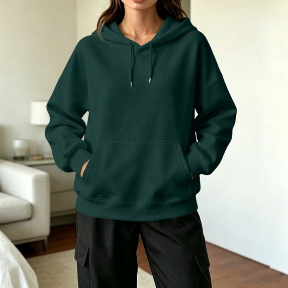 Hsovts Dark Green Sweatshirts for Women Long Sleeve Hooded Sweatshirts Essentials Fashion Fleece Hoodies with Drawstring Lightweight Pullover Hoodies L