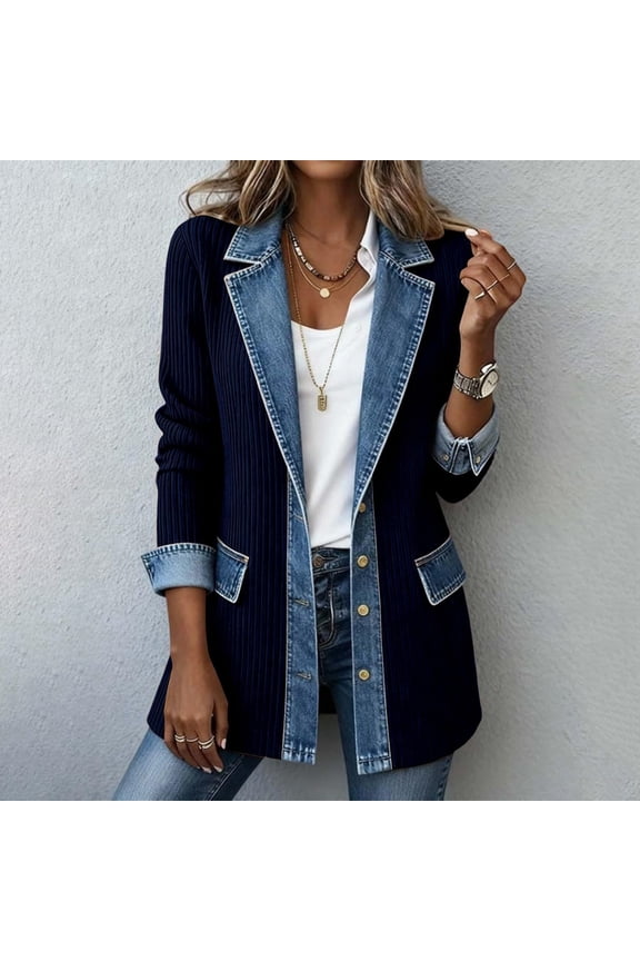 Denim Blazer for Women Denim Cuffs Winter Fall Collared Jacket Corduroy Long Sleeve Patchwork Button Down Lightweight Loose Shacket Navy L