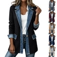 thumbnail image 1 of Hsovts Denim Blazer for Women Patchwork Winter Fall Collared Jacket Knit Long Sleeve Denim Cuffs Button Down Lightweight Loose Outerwear Khaki L, 1 of 10