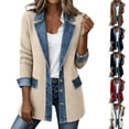 thumbnail image 1 of Hsovts Denim Patchwork Jackets for Women Collared Winter Fall Patchwork Jackets Corduroy Button Down Denim Cuffs Long Sleeve Stylish Lightweight Blazer Red 2XL, 1 of 8