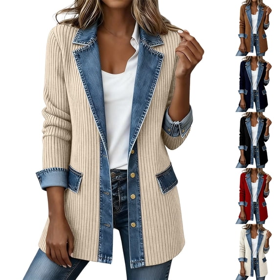 Hsovts Denim Patchwork Jackets for Women Collared Winter Fall Patchwork Jackets Corduroy Button Down Denim Cuffs Long Sleeve Stylish Lightweight Blazer Red 2XL