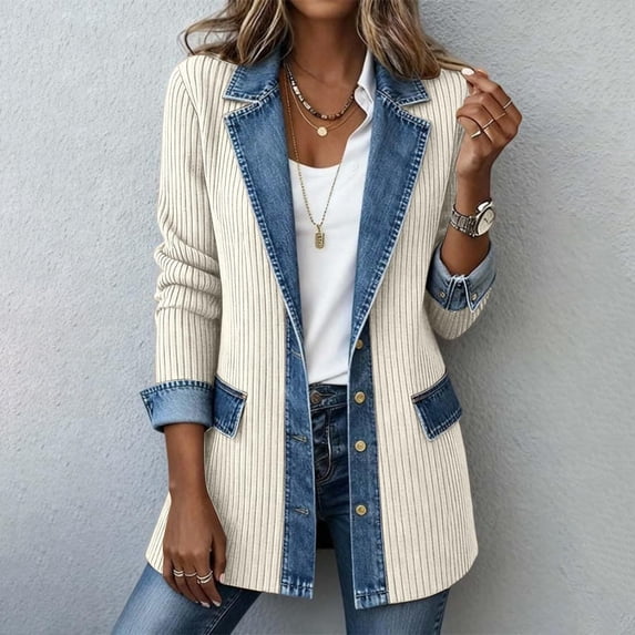 Hsovts Denim Patchwork Jackets for Women Patchwork Winter Fall Collared Jackets Corduroy Button Down Denim Cuffs Long Sleeve Lightweight Stylish Cardigan White XL
